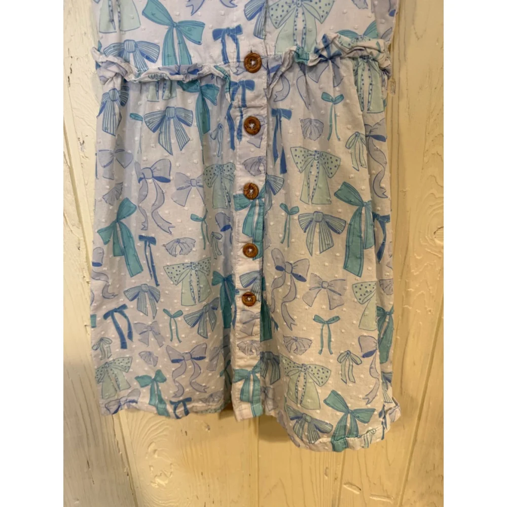 Penelope Mack Girls White Blue Bow Print Dress Small